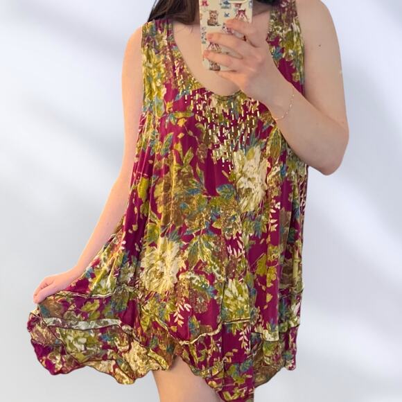 Vintage Floral Sleeveless Mini Slip Dress Green Purple size XL fairycore - Picture 1 of 9